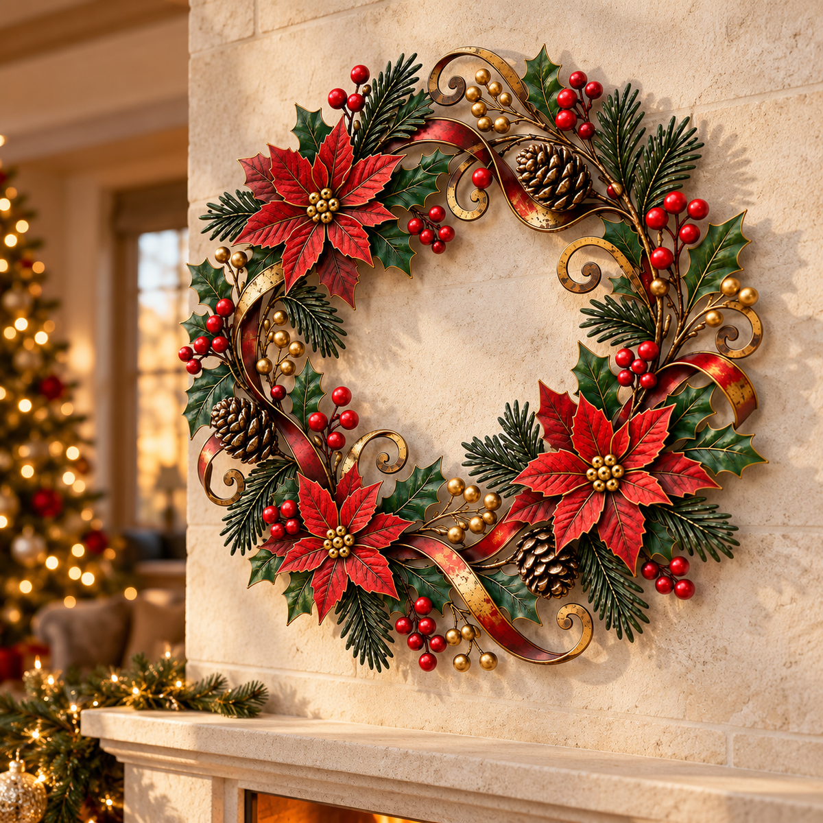 Christmas Poinsettia Metal Wreath, Holiday Door Decor With Holly, Pine Cones, Red Berries And Gold Ribbon 1d2e74e0-5ce6-4387-b0bc-ab1b392a0815-124b58e6-1c55-4055-850c-24d83165ecbe.png