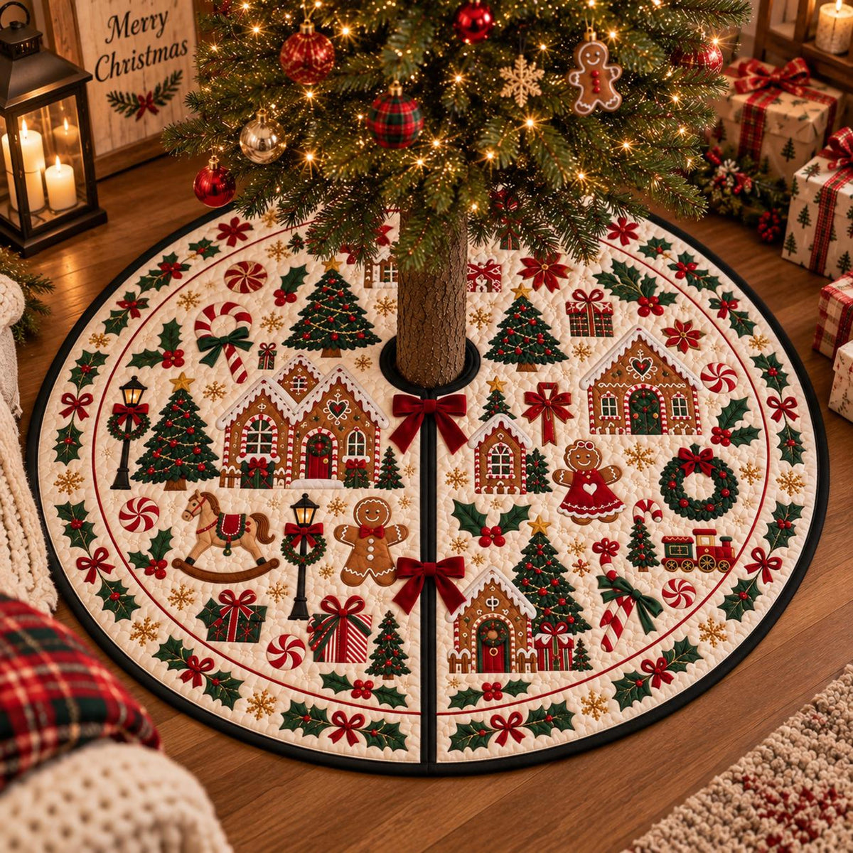 Vintage Nutcracker Quilted Christmas Tree Skirt, Gingerbread Village Mat 1d384c07-425f-4fba-a643-5057d882fdcb-5.jpg
