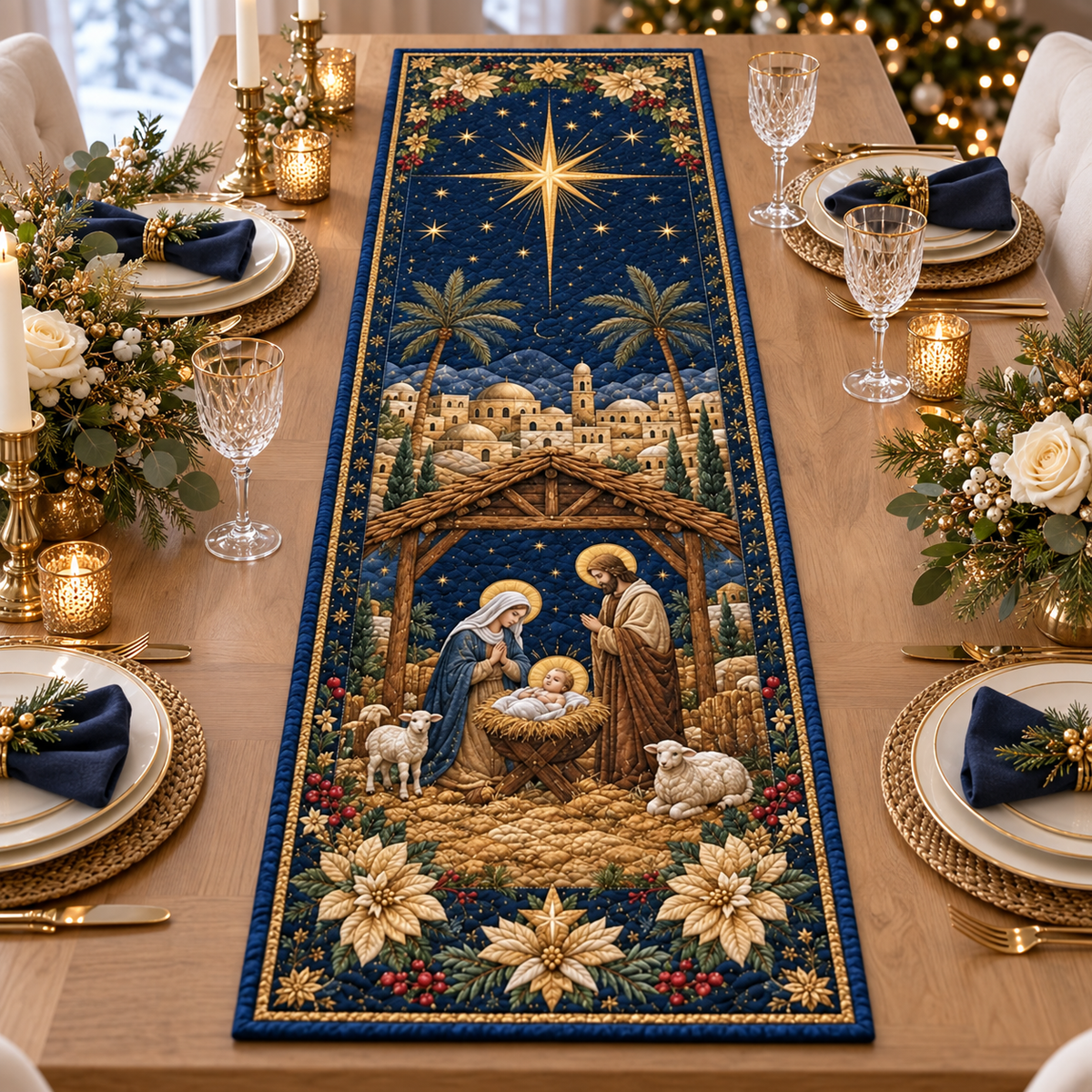 Nativity Christmas Quilted Table Runner, Religious Holiday Dining Table Decor, Holy Family Bethlehem Winter Table Centerpiece Christian Xmas 1d74f071-3908-4d65-8a41-80cfdc8b84a5-banner-1.png