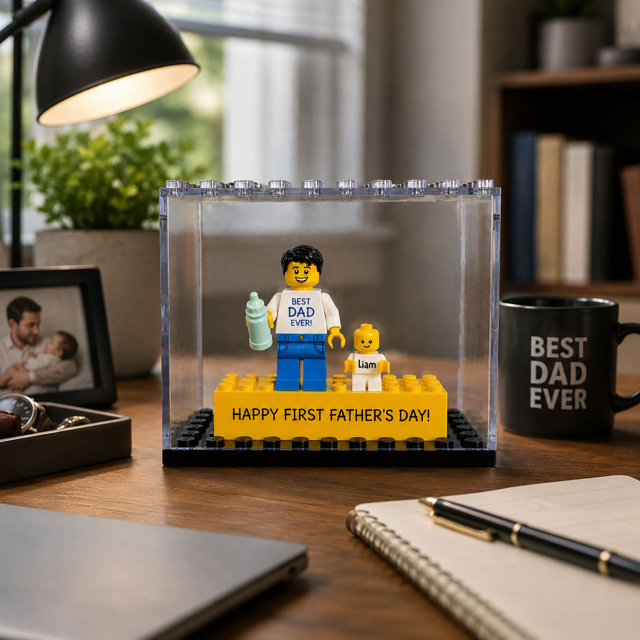 Personalized Minifigure Set with Custom Display Case , First Fathers Day Personalised Mini Figure Gift for Dad, Custom Daddy & Baby Keepsake