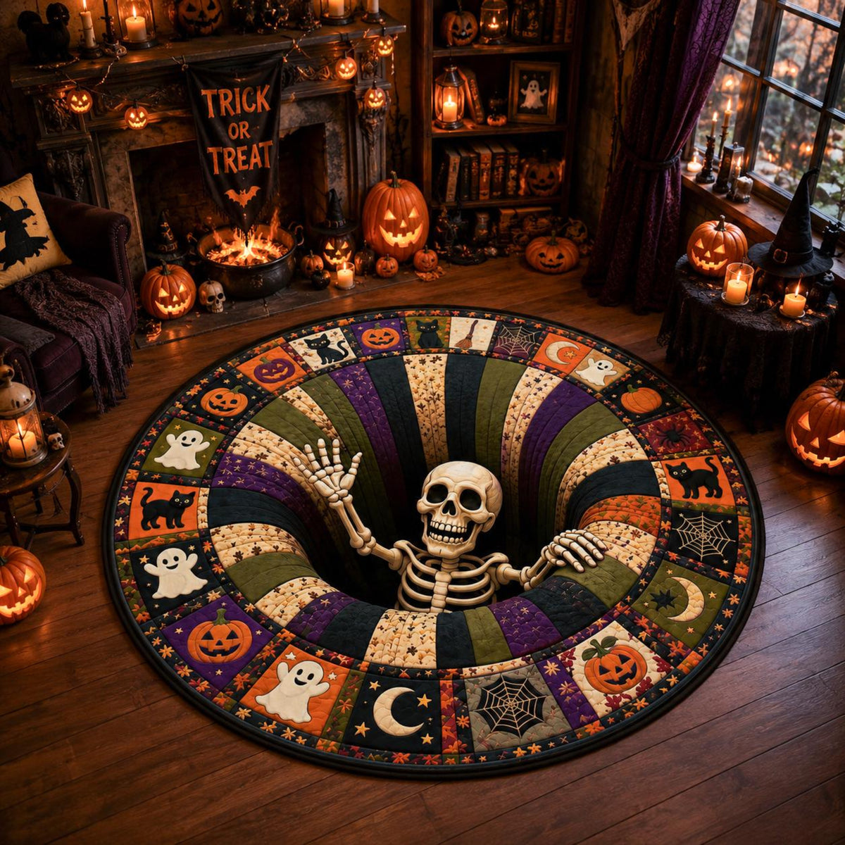 3D Effect Illusion Skull Vortex Quilted Round Rug, Halloween Horror Skeleton Carpet, Quilt Floor Mat, Living Room Bedroom Decor, Spooky Gift 1daf9e8a-7b0e-400b-9e6e-6926d2f170c6-1.jpg