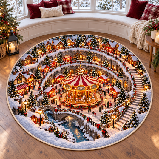 Christmas Carousel 3D Illusion Round Rug, Snowy Christmas Market Village Floor Mat, Winter Wonderland Area Carpet, Festive Holiday Home Decor 1db9818f-ad3c-4572-b4c1-e3c7907dc094-Snowy-Christmas-Carousel-Illusion-Rug-3.png