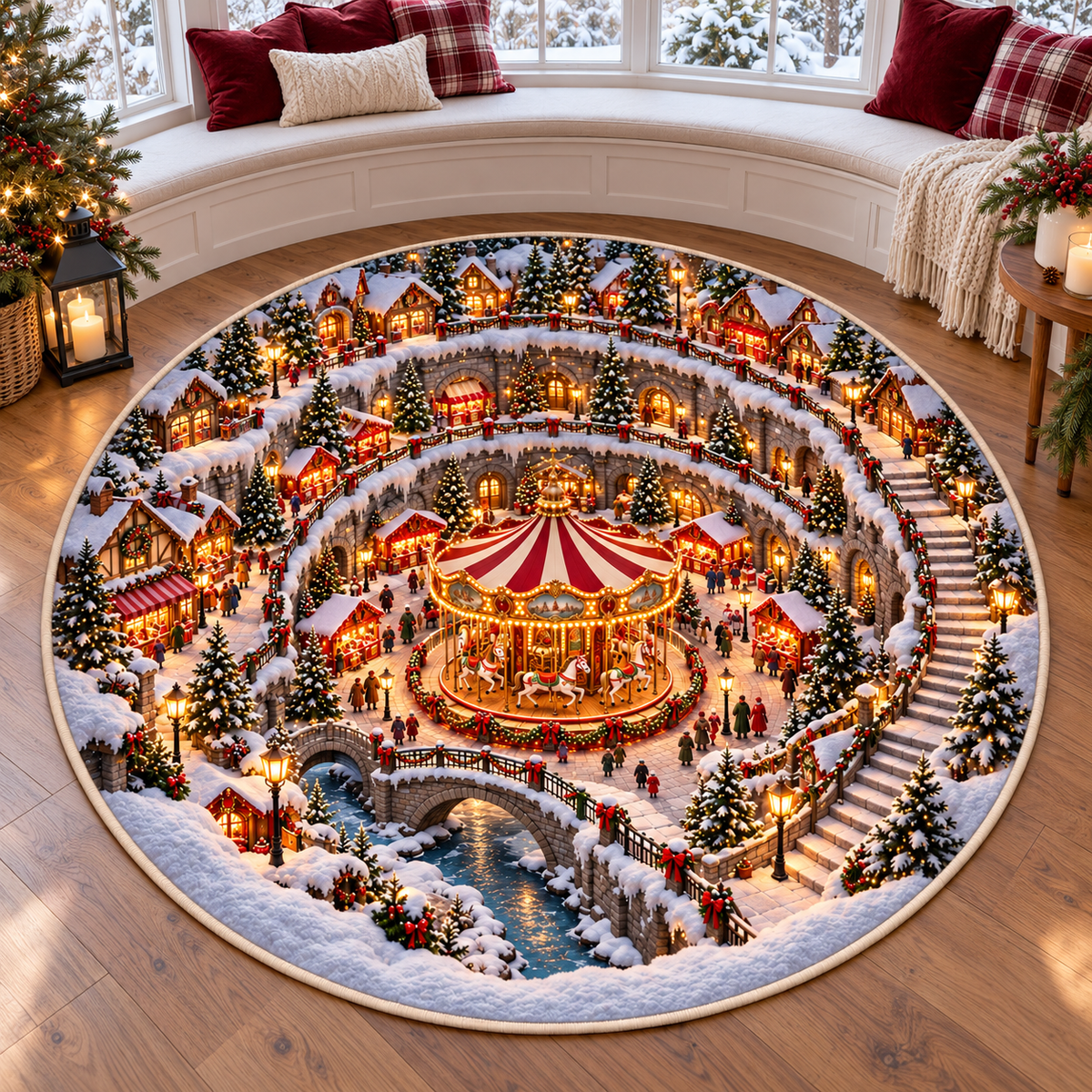 Christmas Carousel 3D Illusion Round Rug, Snowy Christmas Market Village Floor Mat, Winter Wonderland Area Carpet, Festive Holiday Home Decor 1db9818f-ad3c-4572-b4c1-e3c7907dc094-Snowy-Christmas-Carousel-Illusion-Rug-3.png