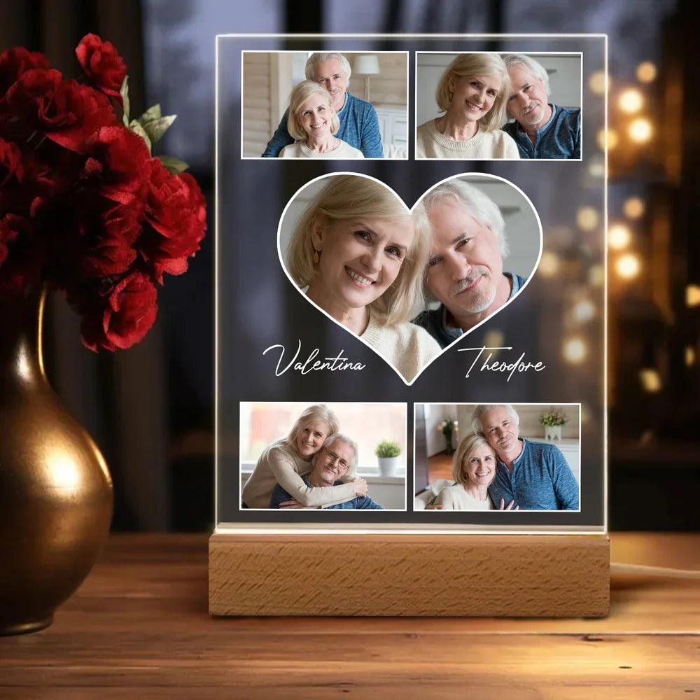 Personalised Heart 5-9 Photos Acrylic LED Night Light with Name and Wooden Base Home Decor Valentine's Day Anniversary Gift for Couple