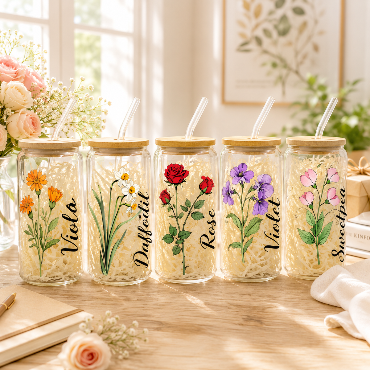 Custom Coffee Cup, Personalized Birthday Flower Glass, Glass With Straw, Birth Flower Tumbler, Bridesmaid Gift, Birthday Gift, Party Favor