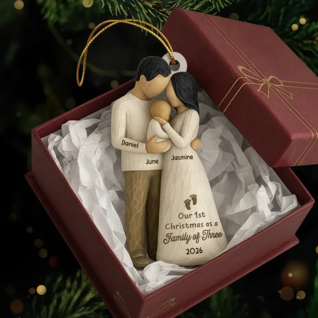 2D Flat Printed First Christmas As Family Of Three Mom Dad & Baby - Personalized Wooden Ornament