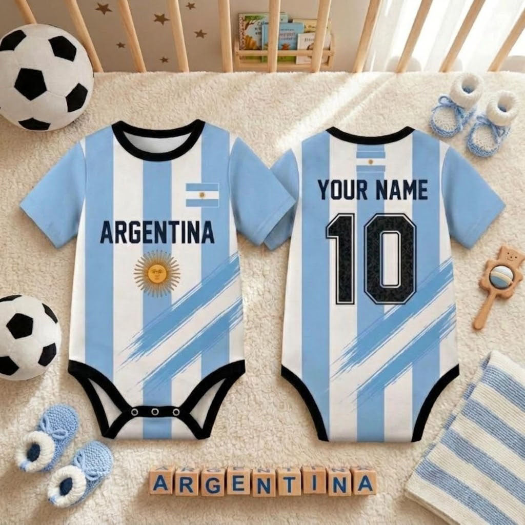 Personalized Argentina Baby Bodysuit | Custom Name Soccer Baby Outfit | Argentina Football Fan Gift | Newborn Sports Jersey Onesie