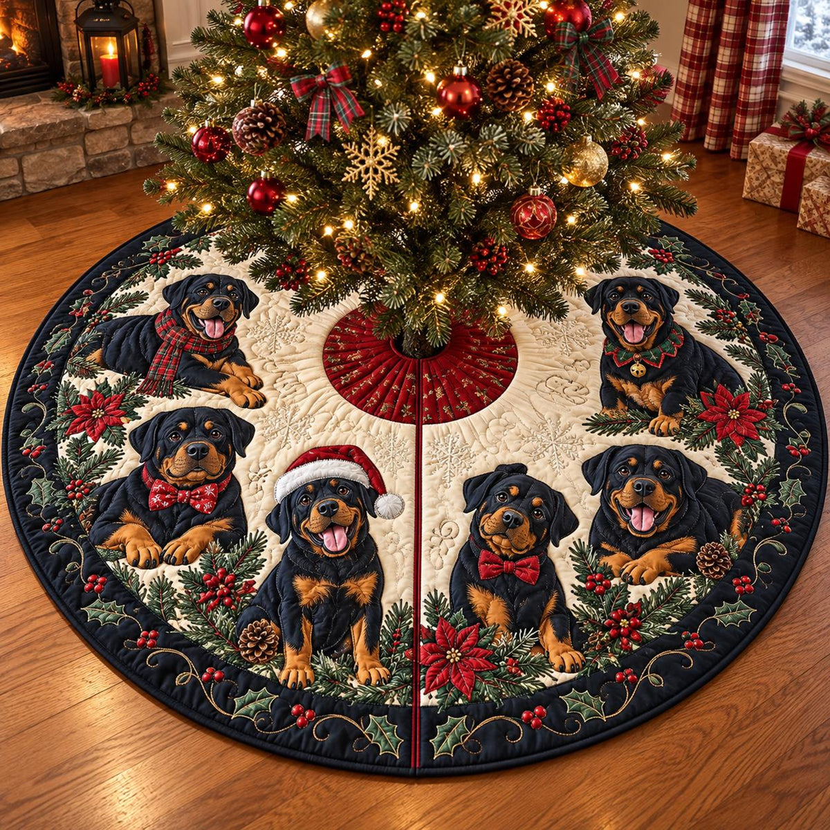 Quilted Rottweiler Christmas Tree Skirt – Festive Puppy Design with Holly & Red Bows, Cozy Holiday Decor, Christmas Gift for Rottweiler Lovers 1e92cf50-919a-44f2-8e00-9f9069c1e306-1.jpg