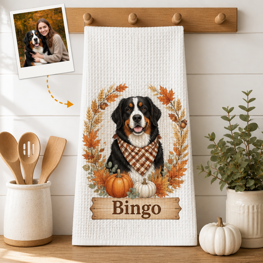 Autumn Pet Portrait Kitchen Towel – Name + Photo - Personalized Kitchen Towel 1ec30b57-01e9-49e5-b45f-bab72486c08a.png