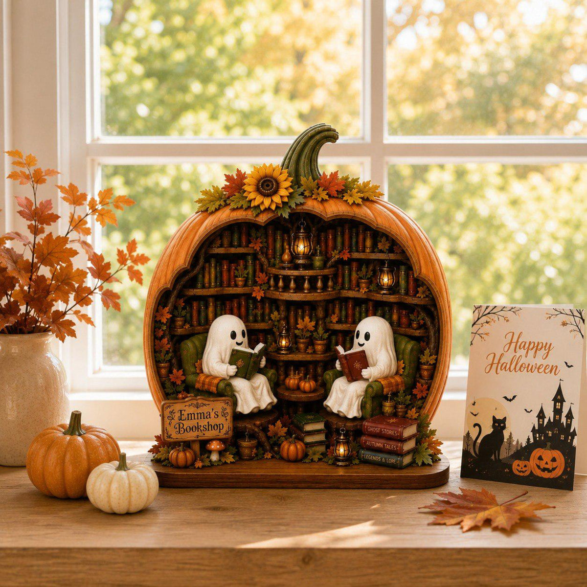 Personalized Reading Ghost Halloween Wood Sign, Book Stack Pumpkin BookShelf Decor, Reading Nook Gift For Book Lovers, Cozy Library Display 1ecd62ee-2da4-4bff-8ef5-36a5cd5f445f-2.jpg