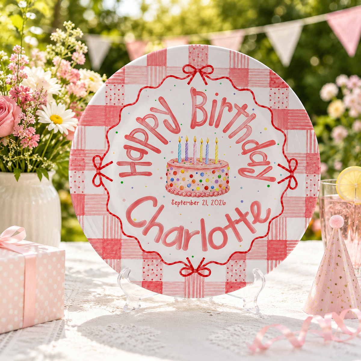 Personalized Pink Gingham Birthday Plate, Custom Name Date Girl Birthday Keepsake, Pink Bow Ceramic Party Decor 1f1eacae-dfec-4738-b486-25f9647dd0bd-1.png