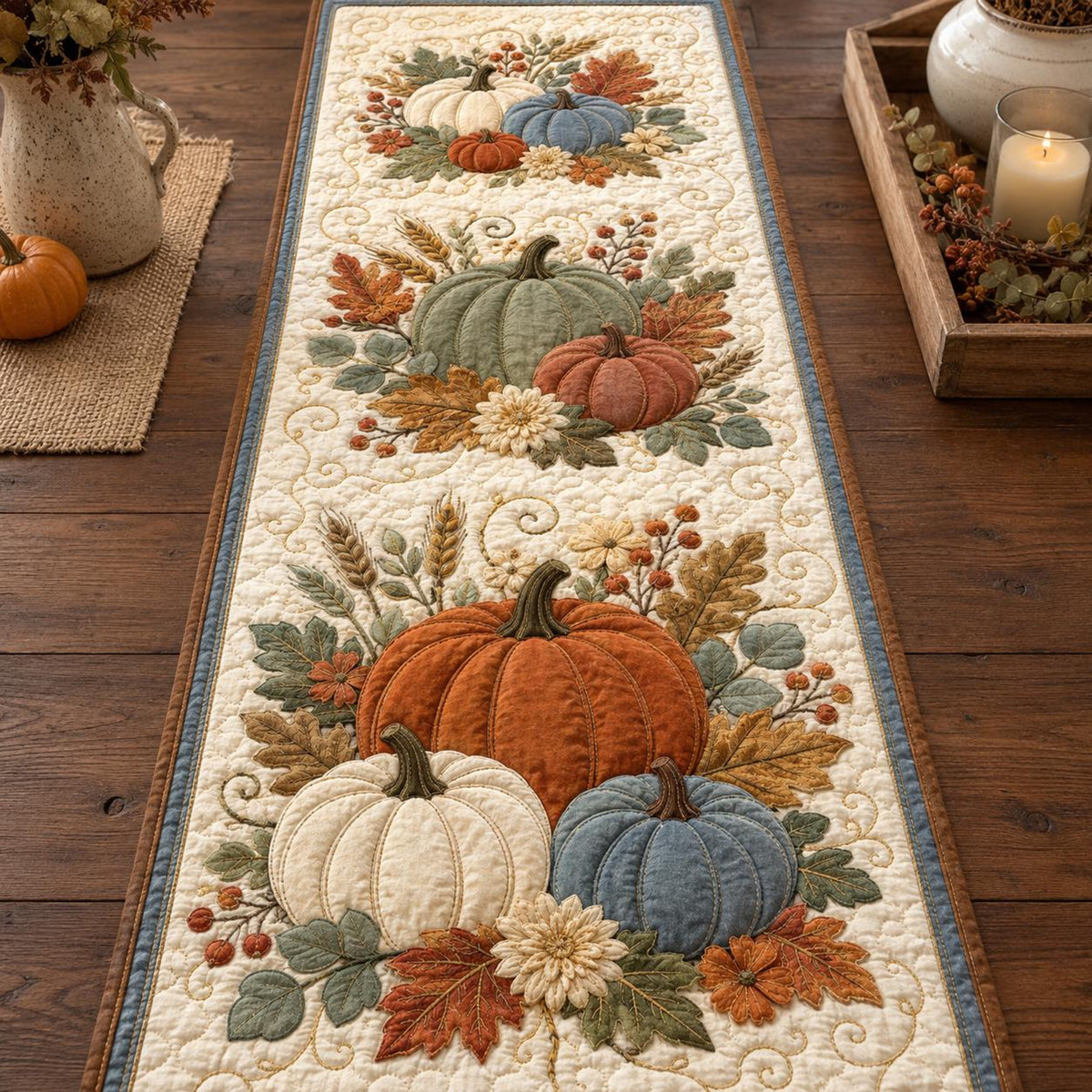 Quilted Pumpkin Table Runner, Fall Harvest Autumn Decor, Blue Orange Thanksgiving Runner 1f631846-3c3f-47c7-814f-9fdf3a78be33-3.jpg