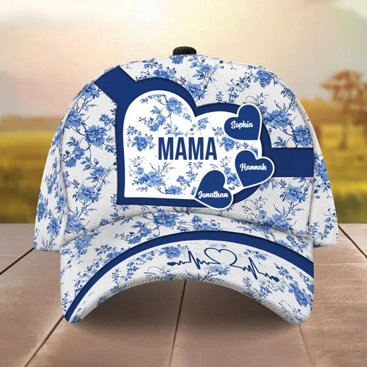Grandma Mom Blue Heart Floral Chinoiserie Patterned - Personalized Classic Cap - Gift For Mom, Grandma, Mother's Day, Birthday Gift