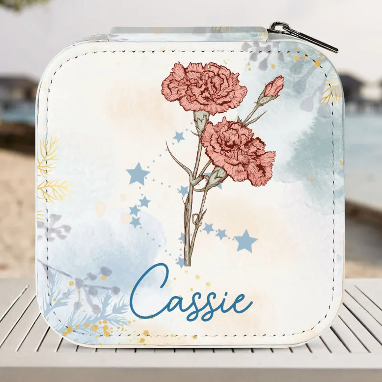 Birth Month Flower With Zodiac Sign - Personalized Square Jewelry Box - Gift For Mom, Mother's Day, Birthday Gift