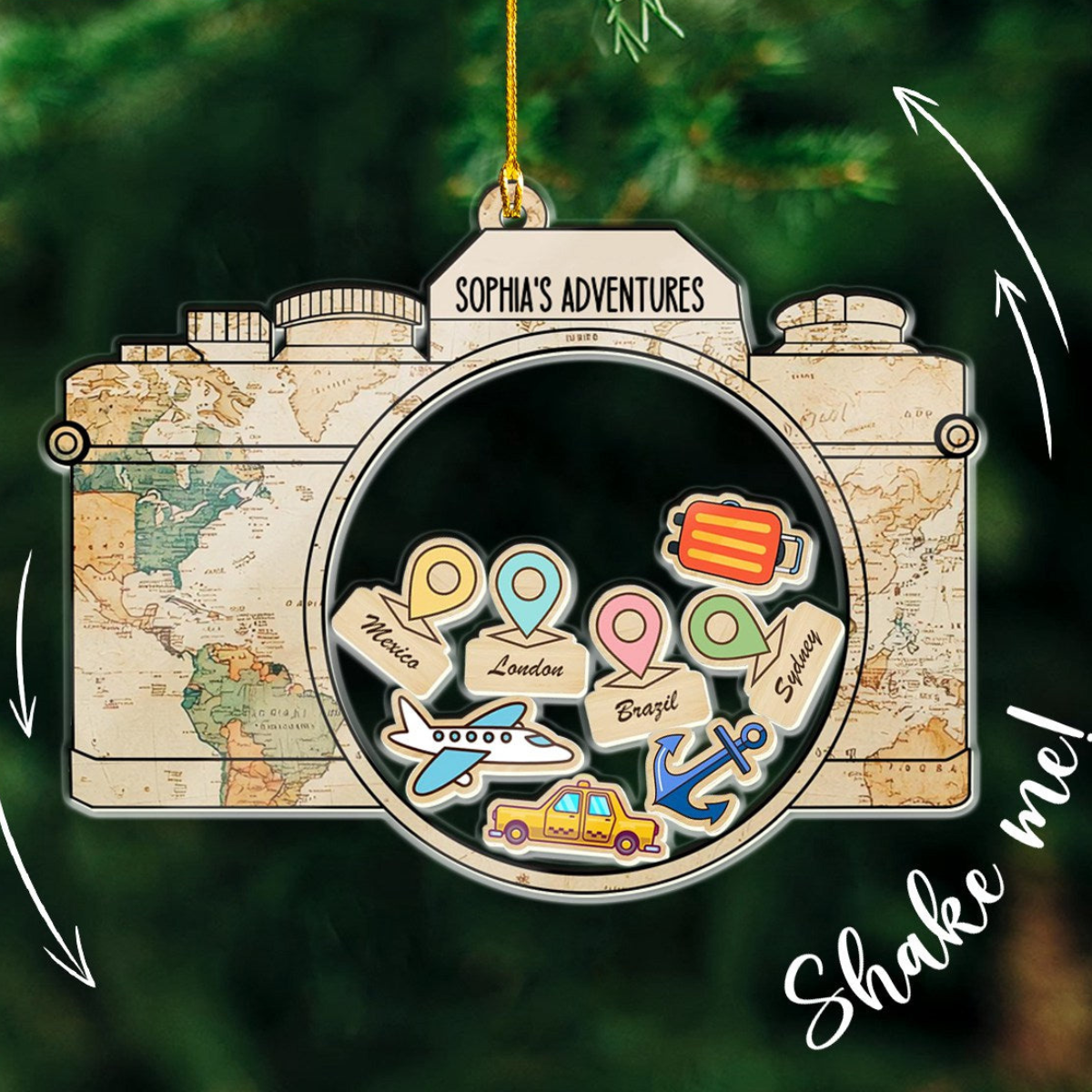 Personalized Travel Adventures Ornament, Travel Christmas Ornament, Custom Shaker Ornament