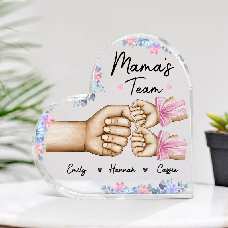 Mom's Team Fist Bump With Bows - Personalized Heart Shaped Acrylic Ornament - Gift For Mom, Mother's Day, Birthday Gift