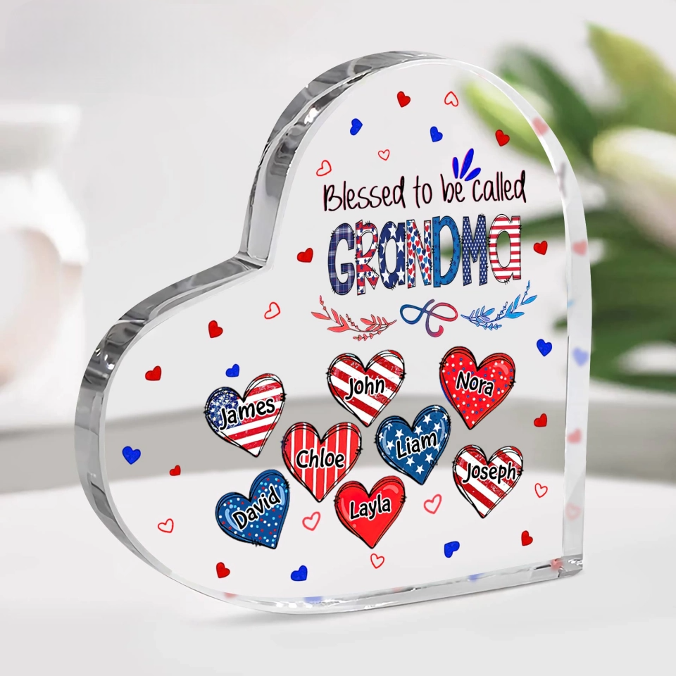 Blessed To Be Called Grandma 4th Of July - Personalized Heart Shaped Acrylic Plaque - Patriotic Gift For Grandma Mommy