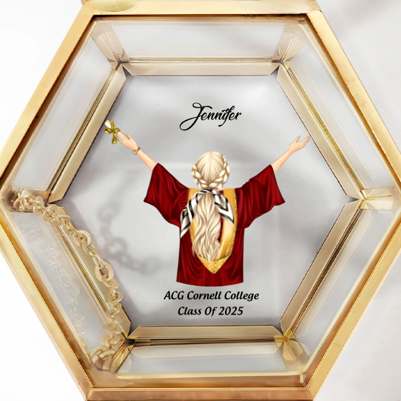 And Off She Went To Change The World - Personalized Hexagonal Glass Ring Box - Graduation Gift