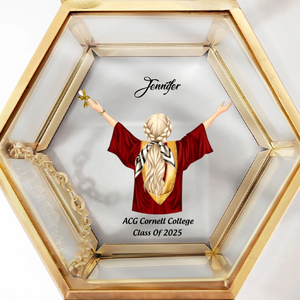 And Off She Went To Change The World - Personalized Hexagonal Glass Ring Box - Graduation Gift