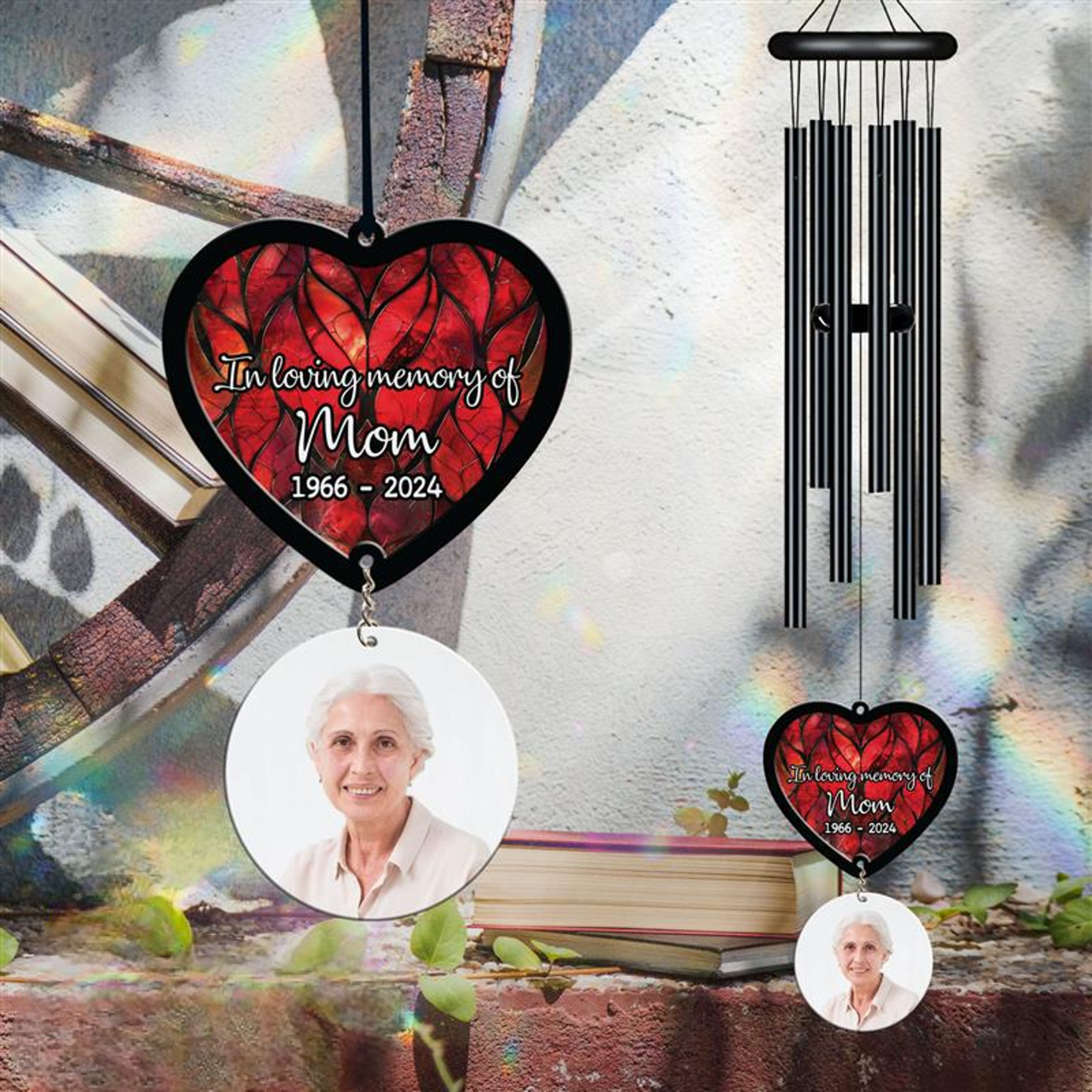 Personalized Memorial Wind Chime, Black Wind Chime, Heart Suncatcher Wind Chime, In Loving Memory, Custom Family Photo, Christmas Gift