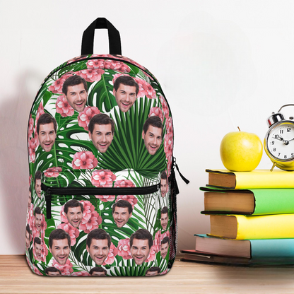 Custom Backpack with Face Photo and Hawaii Flowers Pattern, Personalized Back to School Bag Gift, First day of School