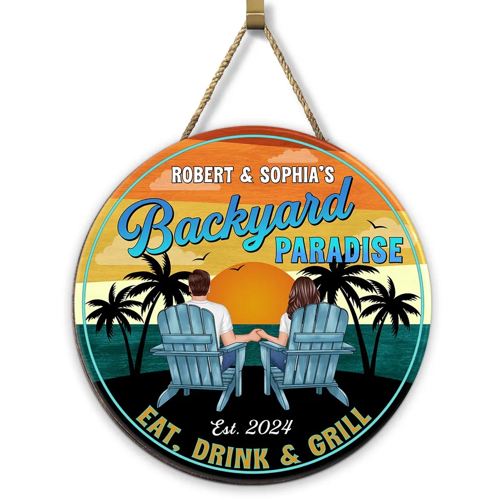 Vintage Backyard Paradise Couple Sitting - Personalized Wood Sign - Housewarming, Birthday, Anniversary Gift for Him, Her