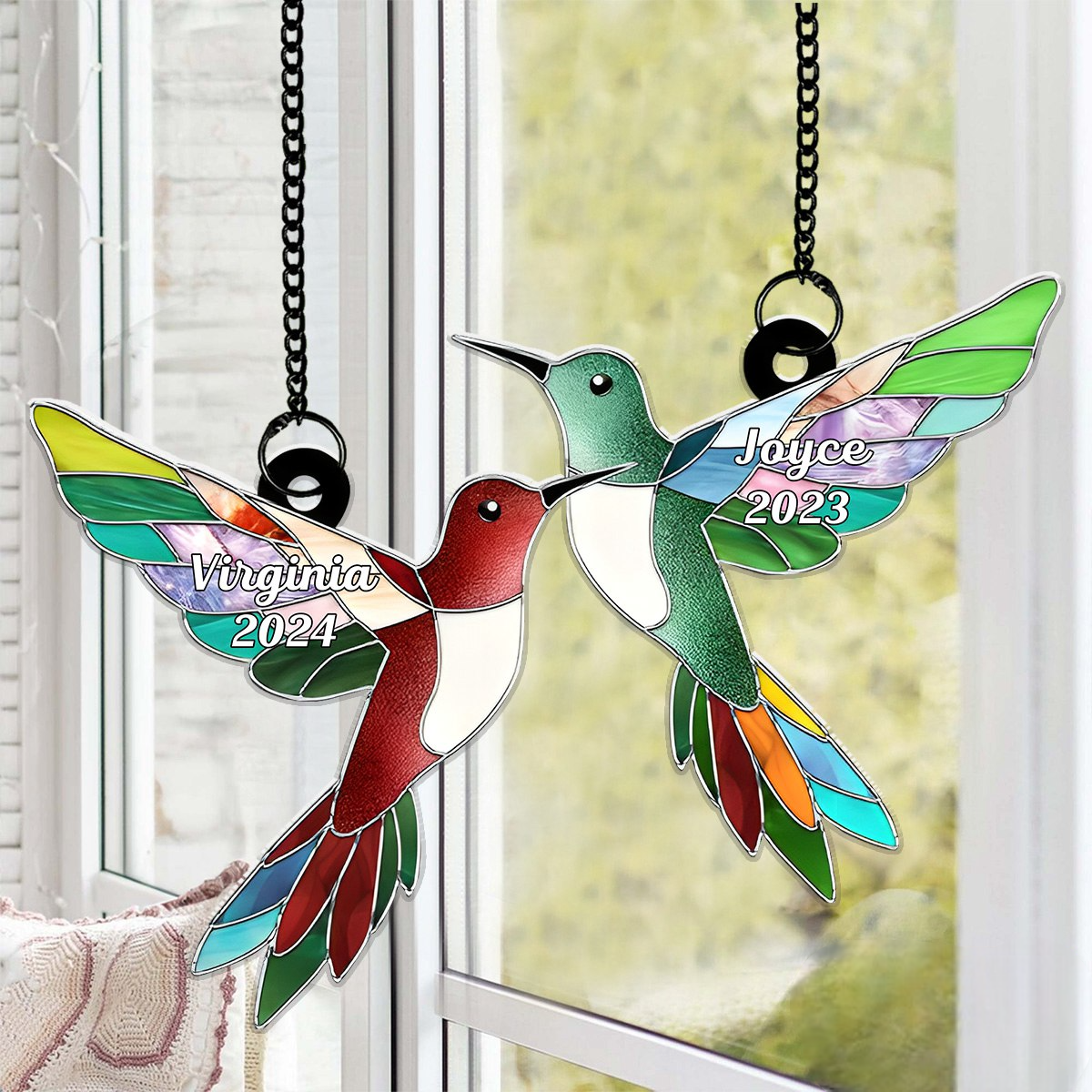 Memorial Hummngbirds - Personalized Suncatcher Stained Glass - Memorial Gift For Family