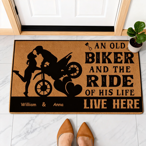 Personalized Couple Biker Doormat Custom Name Motorcycle Lover Entry Rug Funny Welcome Mat Gift For Rider Family and Motorbike Enthusiasts