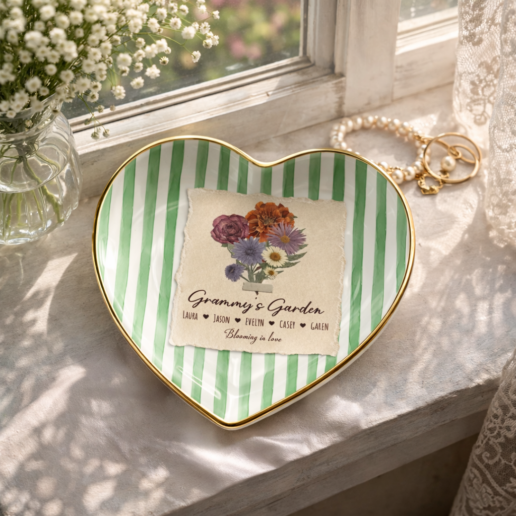Personalized Grandma's Garden Ring Dish, Custom Birth Flower Mothers Day Gift for Mom, Family Flower Bouquet Jewelry Dish with Kids Names