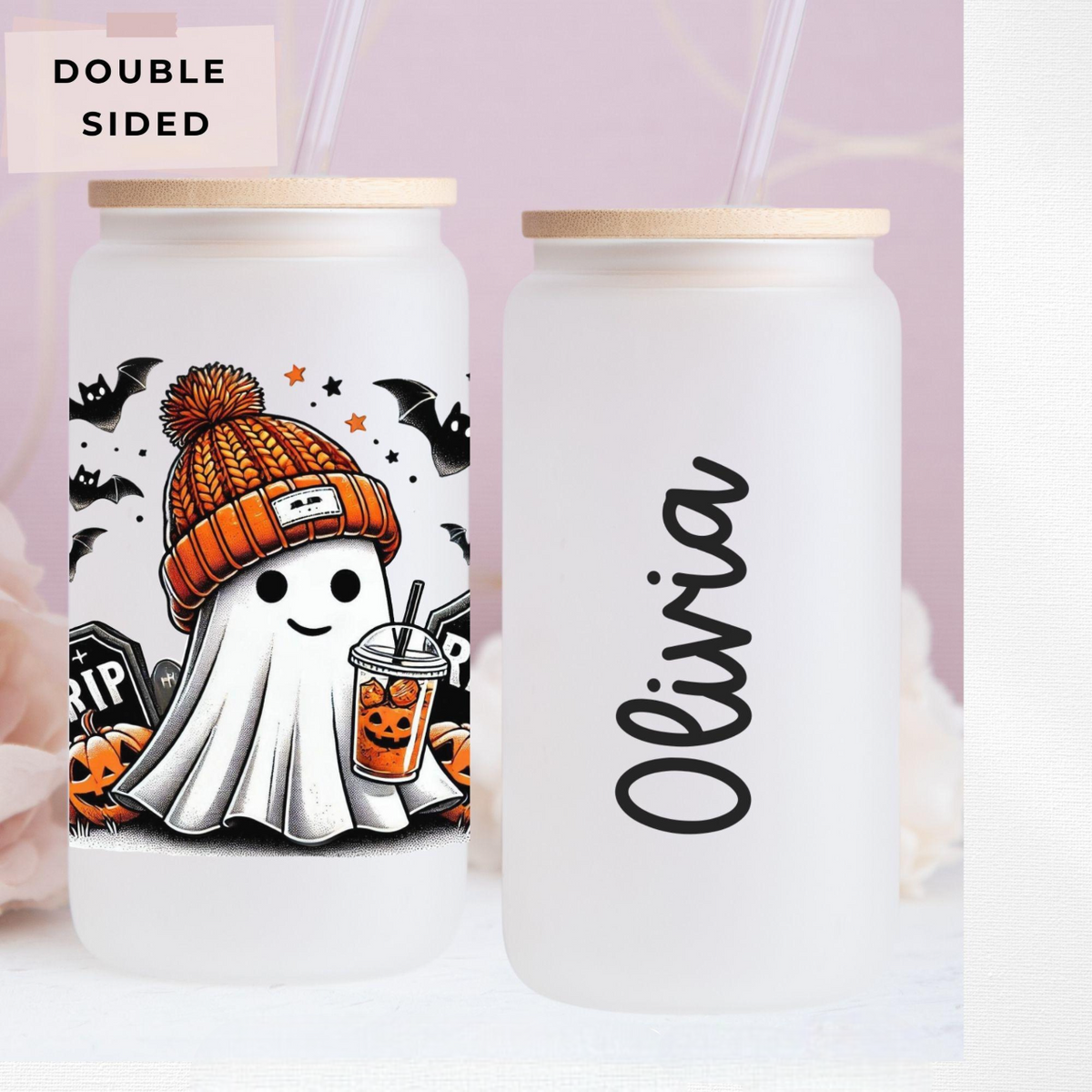 Personalized Halloween Ghost Glass Tumbler, Spooky Season Iced Coffee Glass, Gift for Halloween, Cute Ghost Coffee Cup