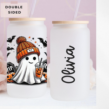 Personalized Halloween Ghost Glass Tumbler, Spooky Season Iced Coffee Glass, Gift for Halloween, Cute Ghost Coffee Cup