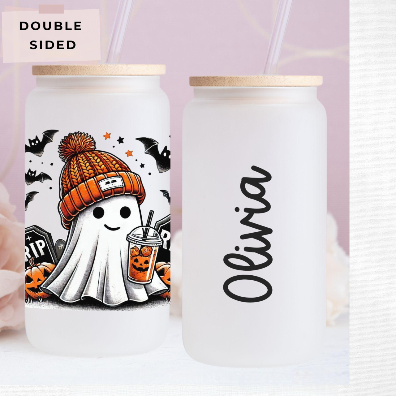 Personalized Halloween Ghost Glass Tumbler, Spooky Season Iced Coffee Glass, Gift for Halloween, Cute Ghost Coffee Cup