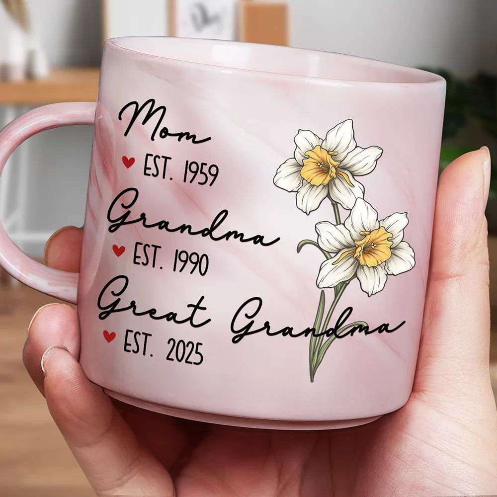 Wife Mom Grandma Birth Month Flower - Personalized Marble Mug - Gift For Grandma, Mother's Day, Birthday Gift