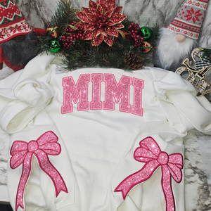 Mimi Glitter Side Bow Cut-Out Sweatshirt With Glitter, Trendy Coquette Bow, Christmas Gifts for Grandma, Nana, Granny