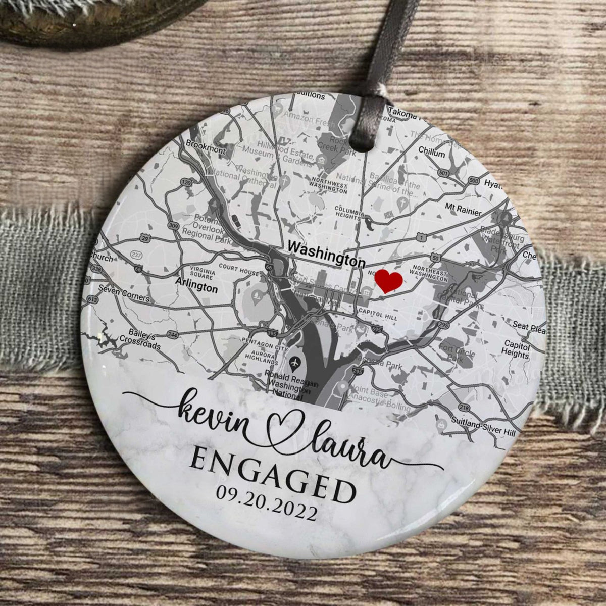 Engaged Ornament, Personalized Map Ornament Engagement Gift, Custom Location Bridal Shower Gift For Bride To Be, Just Engaged Gifts For Couple