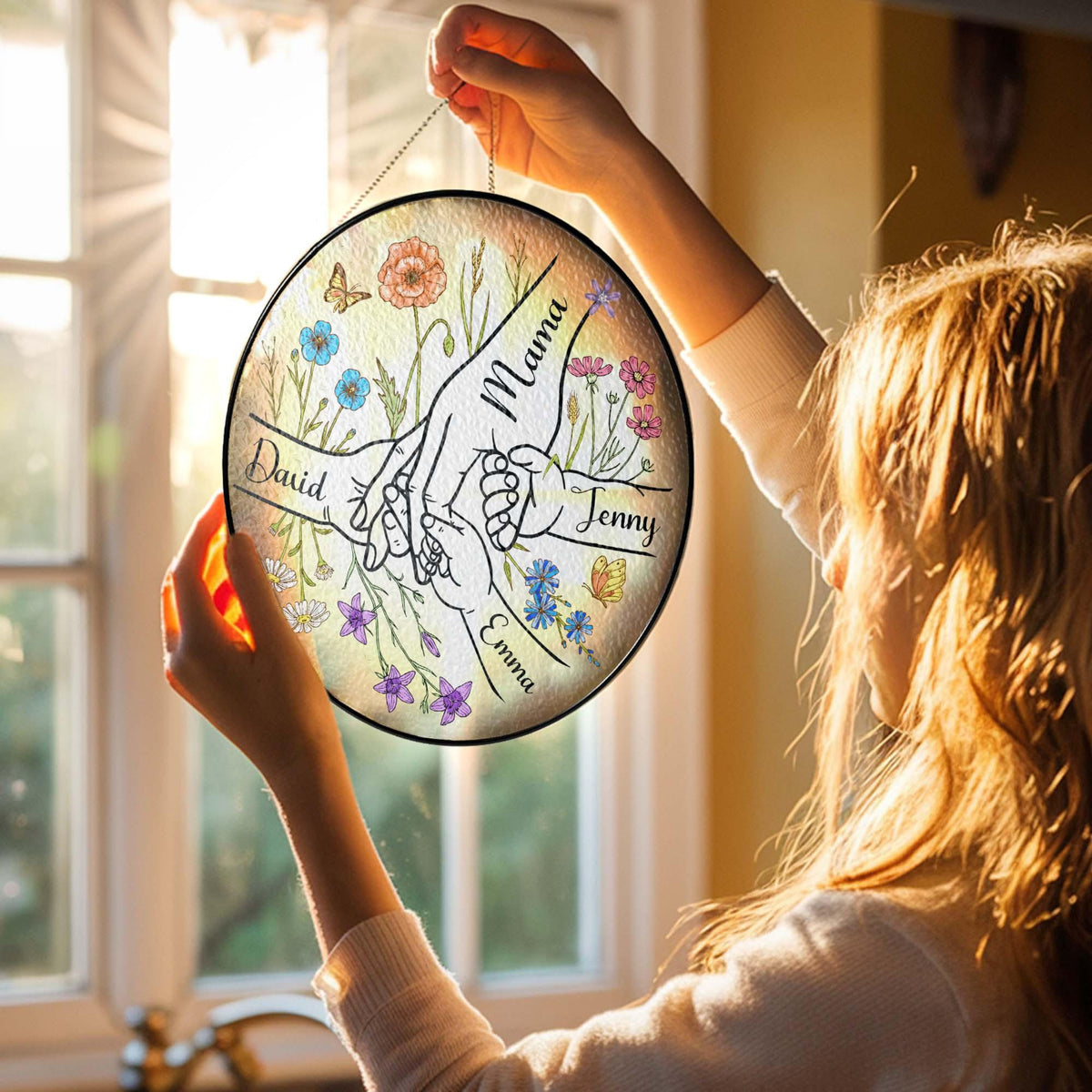 You Hold Hands Also Our Hearts - Personalized Stained Glass Suncatcher - Gift For Mom, Mother's Day, Birthday Gift