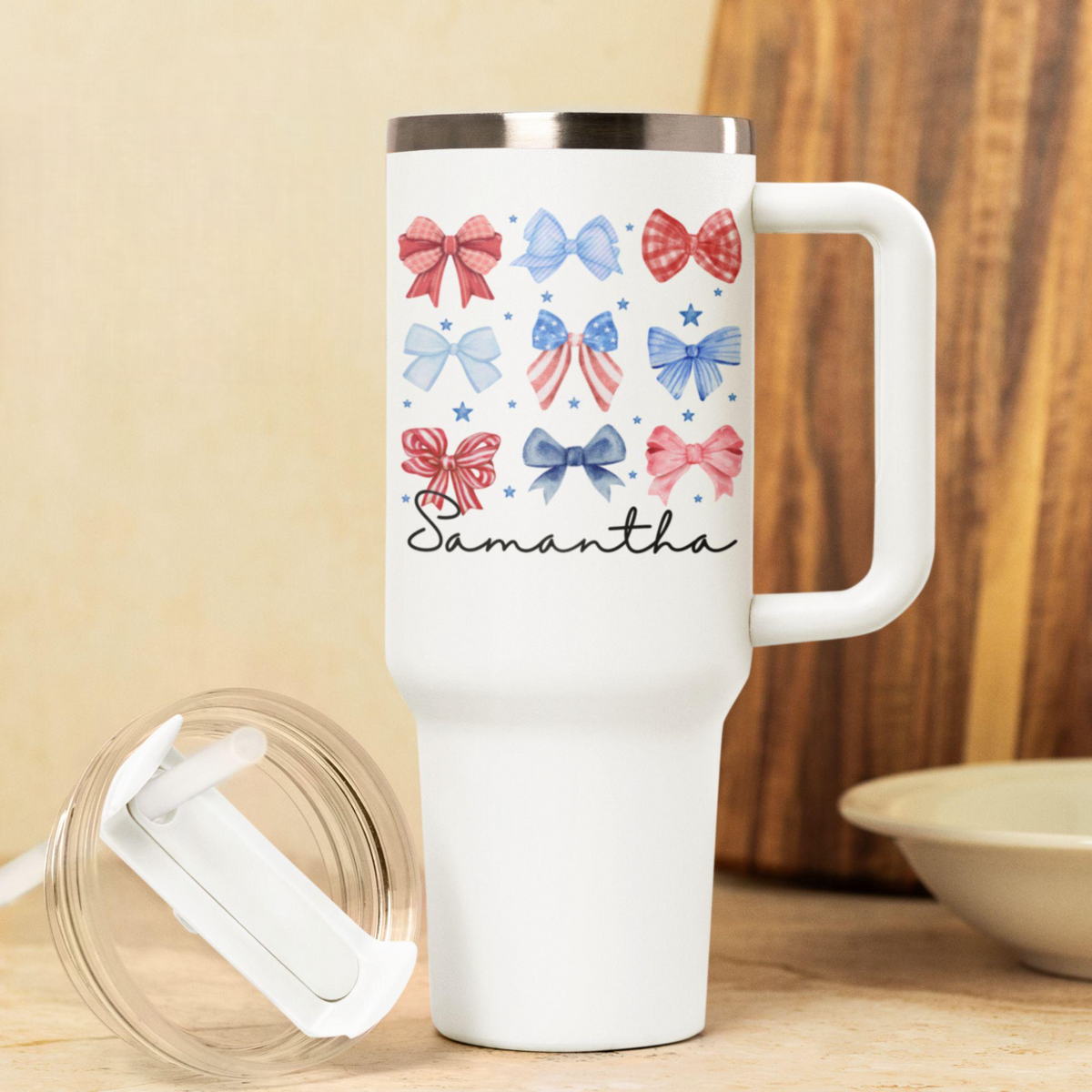 4th of July 40 oz Tumbler With Handle, Personalized July 4th USA America Patriotic Gift With Name Travel Cup, Gifts For Her