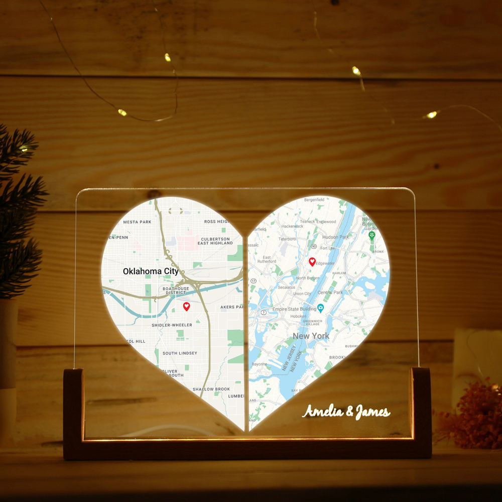 Custom Two Location Heart - Personalized Desk Name Plate - Gift Long Distance Love, Engaged Couples, Anniversary Gifts
