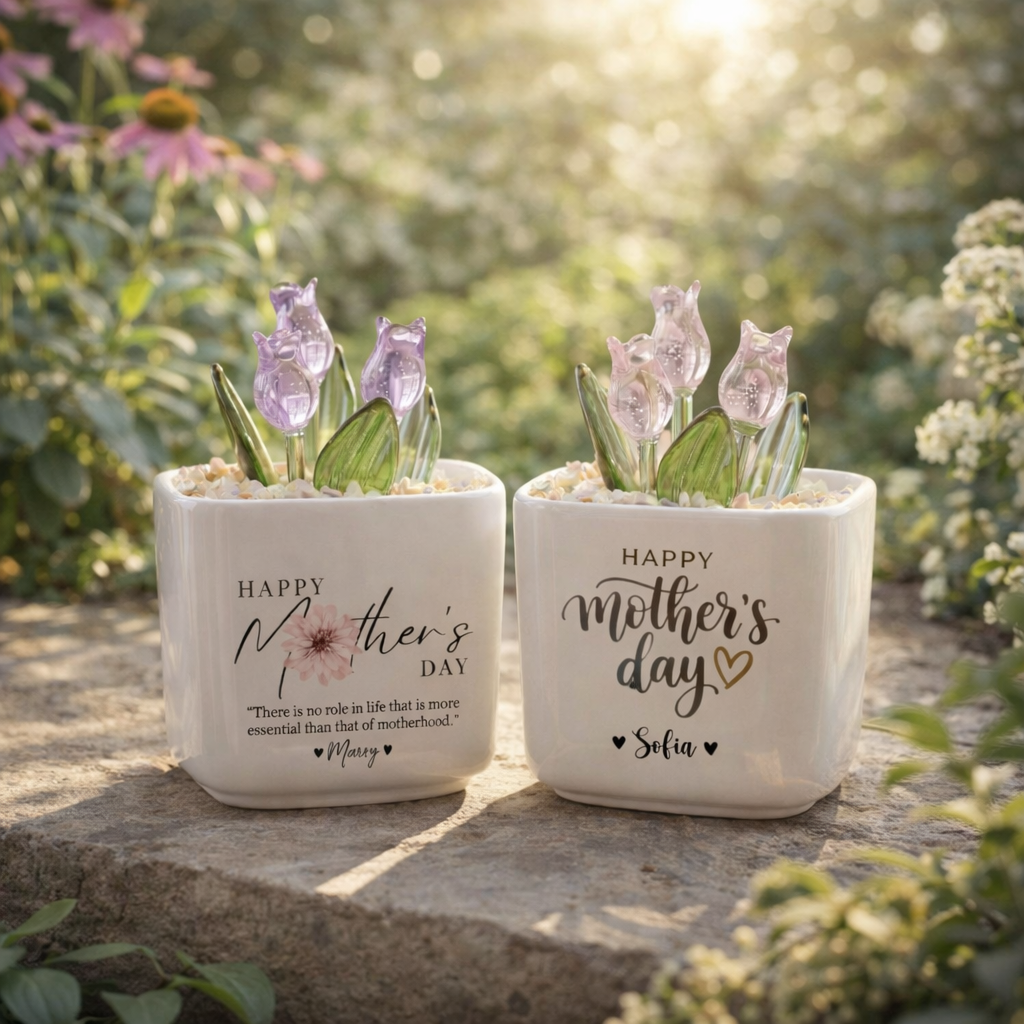 Personalized Tulip Glass Flower Pot, Mother's Day Gift for Mom, Happy Mothers Day Planter, Custom Name Flower Pot, Decorative Glass Tulip