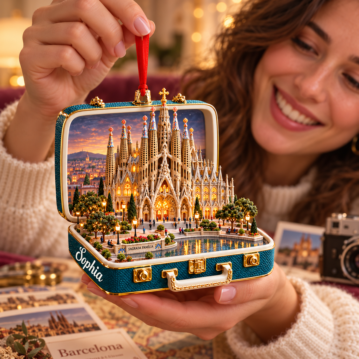 Personalized Sagrada Familia Suitcase Christmas Ornament – Barcelona Spain Travel Souvenir & Gift for Barcelona Lovers 20064e1a-58ab-4f44-8f12-e3d24712d5a1-Teal-suitcase-Sagrada-Familia-ornament-2.png