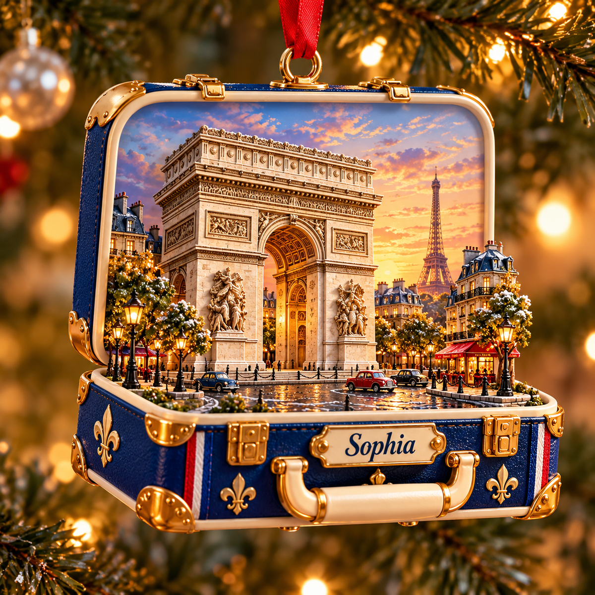 Personalized Paris Arc de Triomphe 3D Suitcase Christmas Ornament, Custom Name France Travel Keepsake, Paris Vacation Souvenir Gift 20255a31-8aa6-4b9a-a6ca-ef2ee0df750b-Paris-in-a-Festive-Suitcase.png
