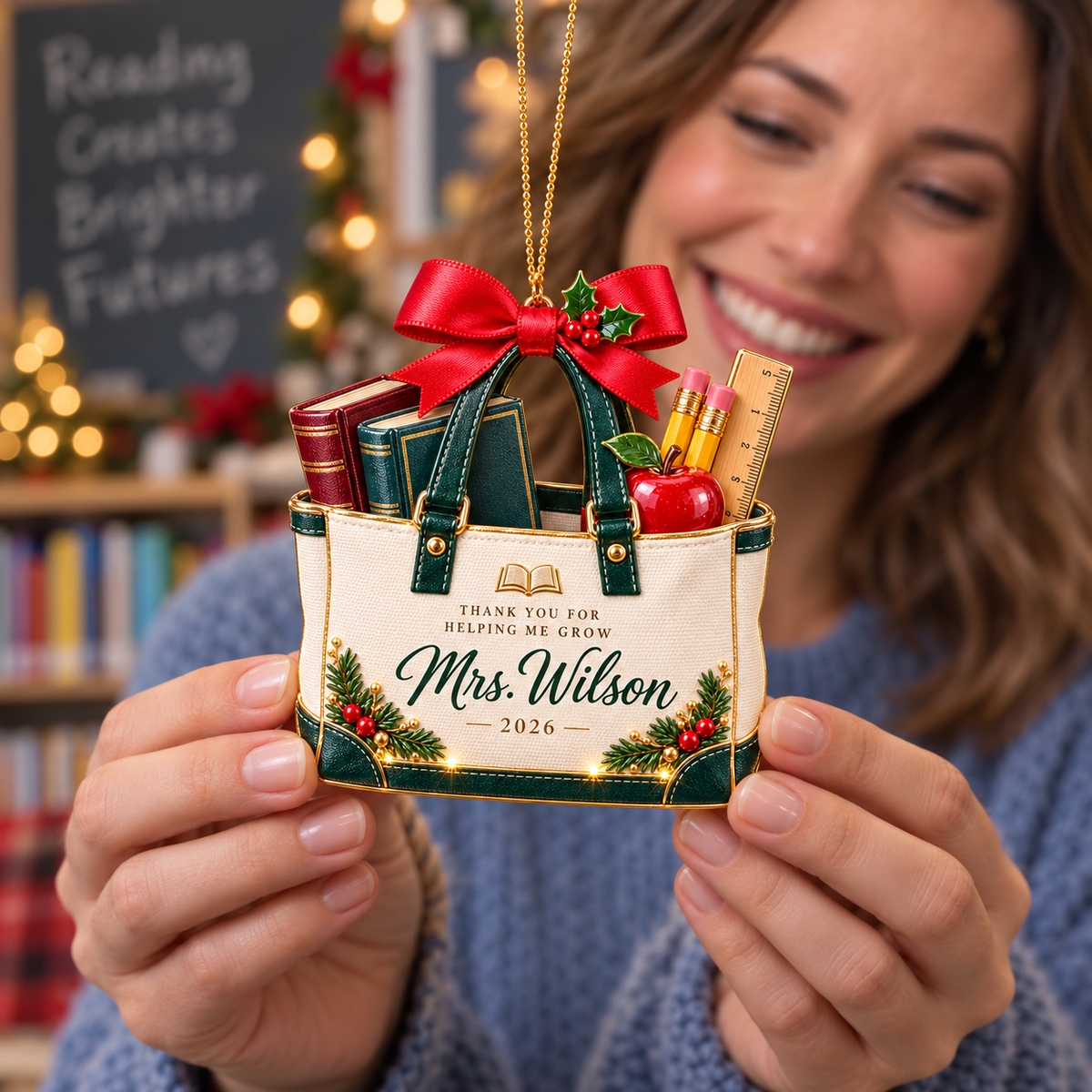 Personalized Teacher Christmas Ornament 2026 – Custom Name Tote Bag with Books, Pencils and Apple, Teacher Appreciation Keepsake Gift 203782e3-3478-4363-af44-fb2419762cfb-Personalized-teacher-thank-you-Christmas-ornament-2-.png
