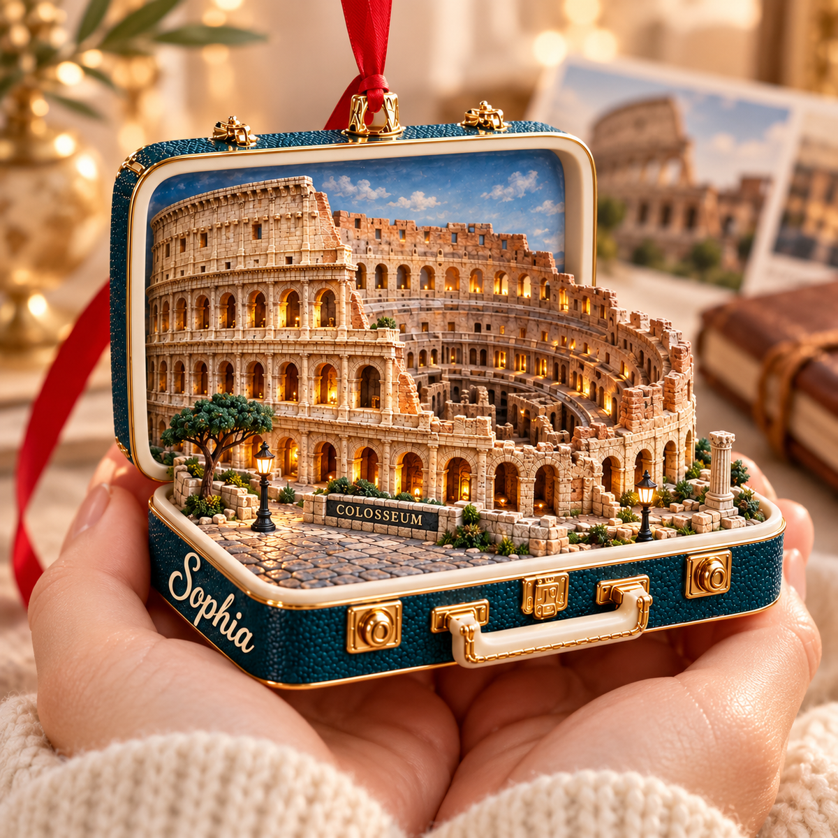 Personalized Colosseum Suitcase Christmas Ornament – Rome Italy Travel Souvenir & Gift for Rome Lovers 2037c673-62d0-406e-bce7-067cdc9f4a81-Teal-Colosseum-Ornament-in-Caring-Hands-3.png