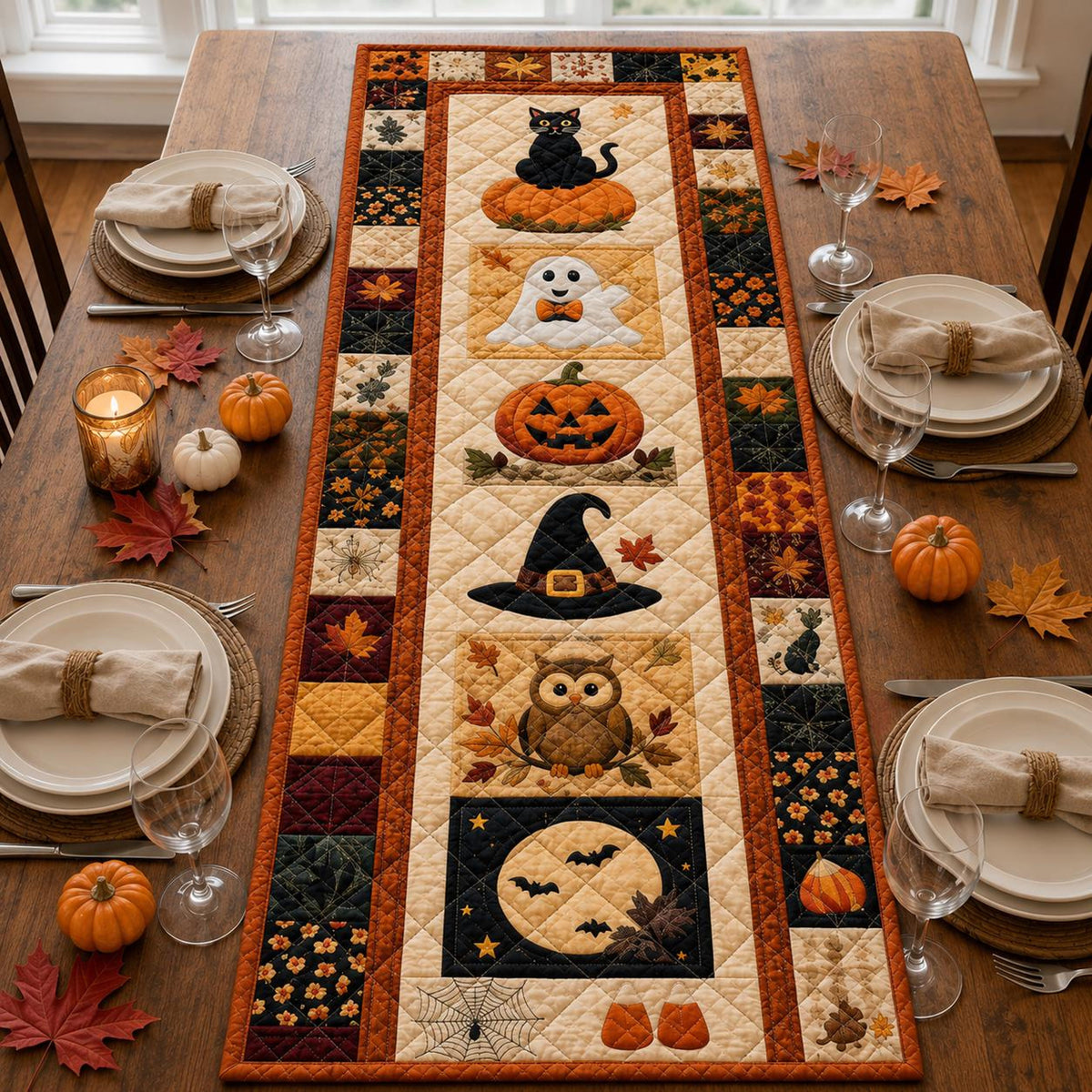 Halloween Quilted Table Runner, Fall Autumn Patchwork Decor, Pumpkin Witch Owl Print 203e6886-7af7-4ccc-944b-159e249e5594-2.jpg