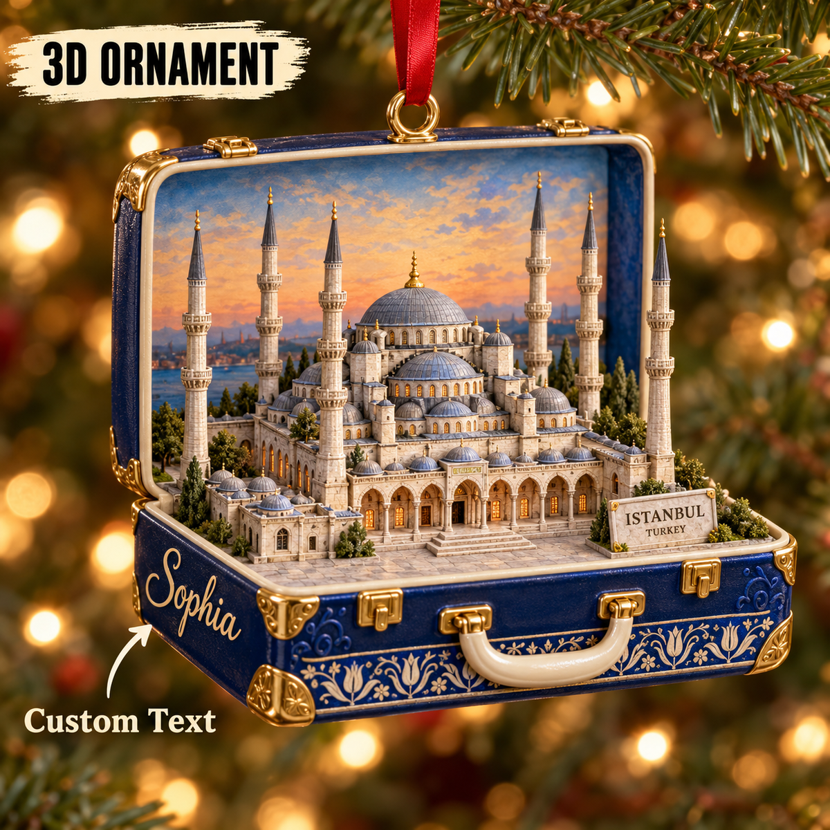 Personalized Istanbul Turkey 3D Suitcase Christmas Ornament, Custom Name Blue Mosque Travel Keepsake, Istanbul Vacation Souvenir Gift 204416d4-db0a-4997-84f9-367fef0ffaf1-Istanbul-Blue-Mosque-suitcase-ornament.png