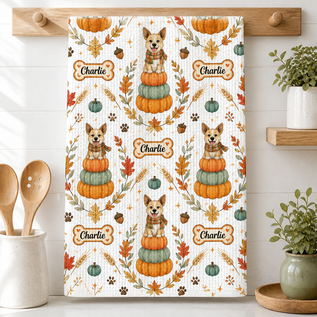 Autumn Pup Name Pattern Kitchen Towel - Personalized Kitchen Towel 20a63b5a-fe20-4fe0-8e2f-428b8f7f6937.png