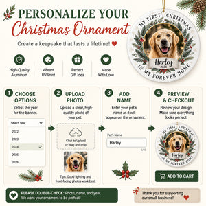 Pet's First Christmas In My Forever Home Photo Ornament - Personalized Aluminum Ornament 20f66def-5e31-452a-8c37-7ce9e4f49dcb.jpg