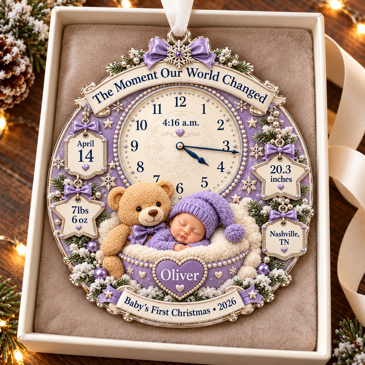 Personalized Baby’s First Christmas Ornament 2026 – Custom Name & Birth Stats Clock Keepsake, New Baby Gift for Parents 2114e959-bd40-4a0f-9302-a60f293f90cf-Lavender-newborn-birth-stat-Christmas-ornament-3.png
