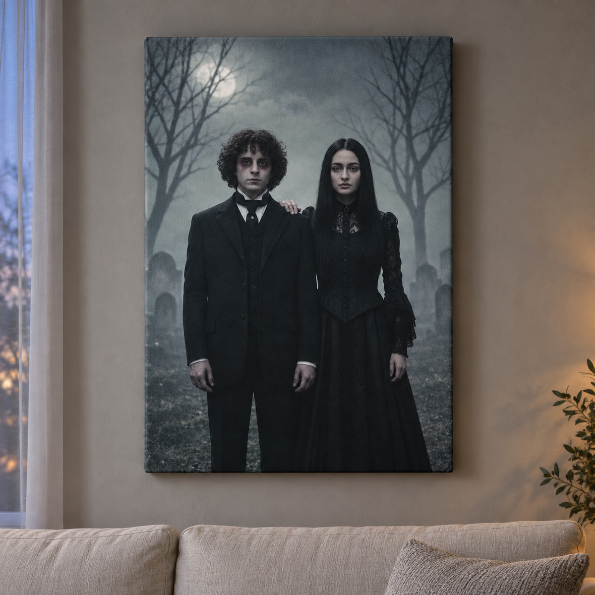 Personalized Halloween Family Portrait Canvas – Custom Gothic Couple & Pet Wall Art from Photo 213dc404-6d6e-4fe3-84d1-4ee6e30221a3-Gothic-Couple-Canvas-Above-a-Sofa-2.png