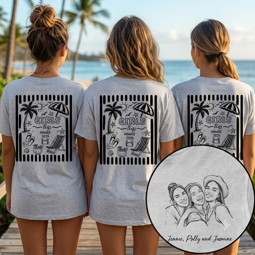 Custom Photo Pencil Sketch Beach Crew Besties Trip - Personalized T Shirt